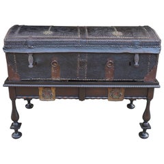 Antique 17th Century English Leather Travel Trunk on Later Stand