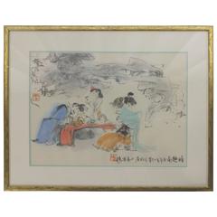 Mid-Century Chinese Watercolor of Family Dining