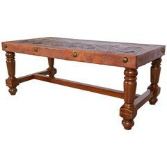 Tooled Leather Bench or Coffee Table with South American Landscape