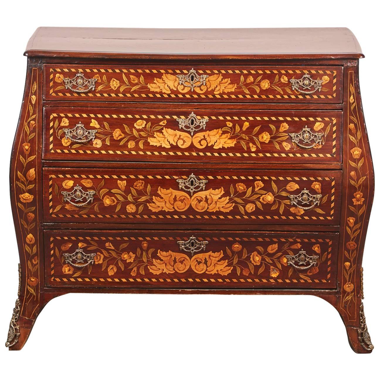 18th Century Four-Drawer Mahogany Bow Front Chest with Inlaid Flowers 