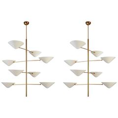 Impressive Pair of Tall Polished Brass and Enameled Metal Chandelier 8