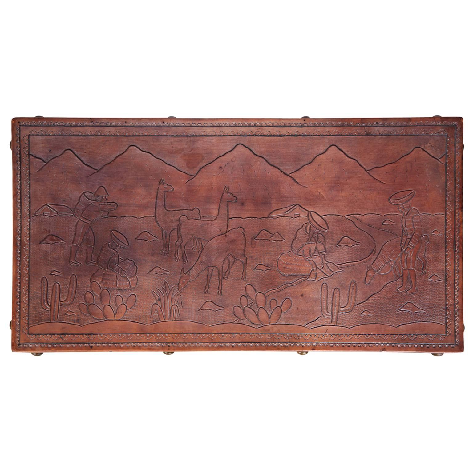 Spanish Colonial Peruvian Tooled Leather Bench or Coffee Table with South American Landscape