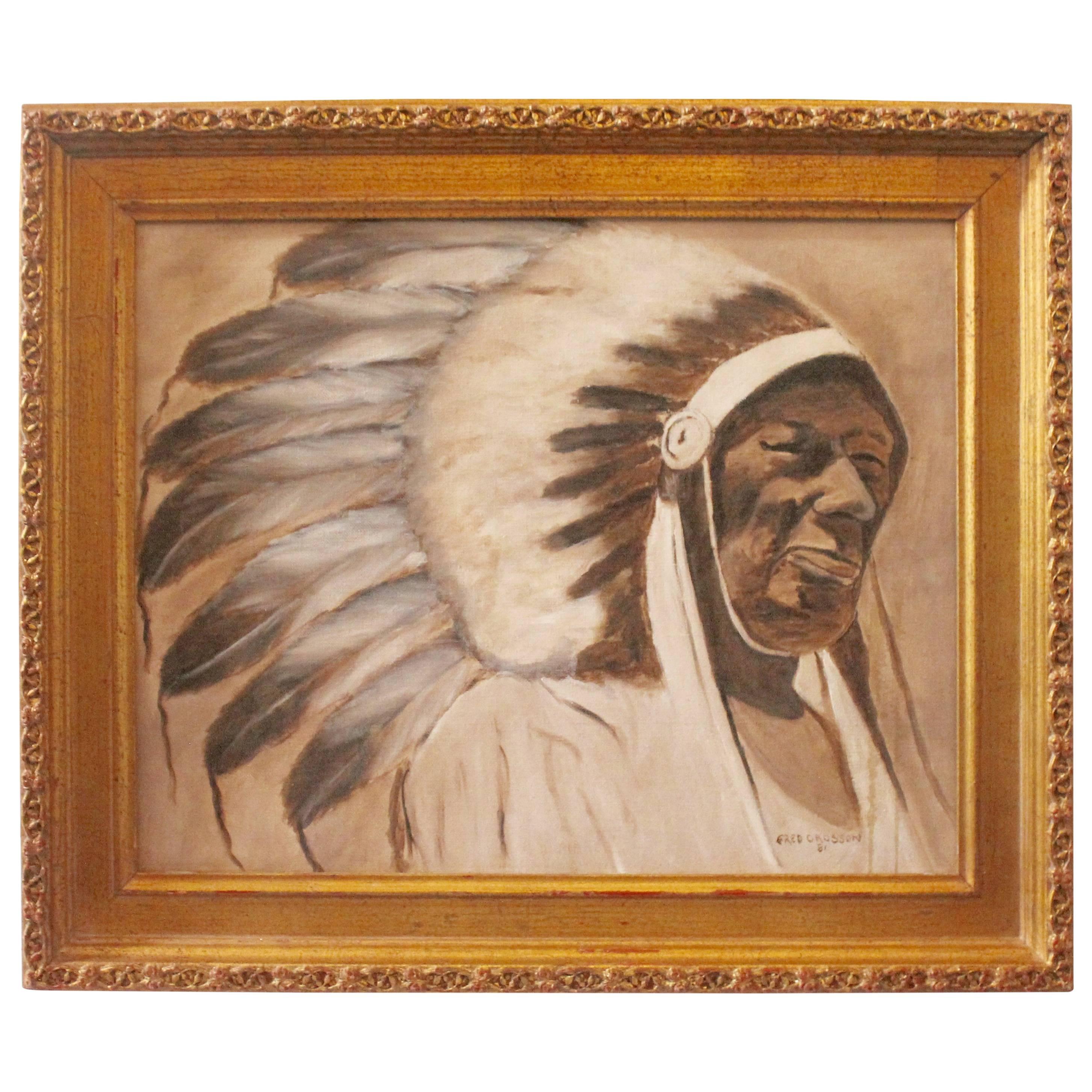 Signed Fred Crosson Indian Chief Oil Painting