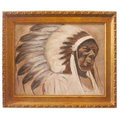 Antique Signed Fred Crosson Indian Chief Oil Painting