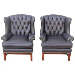 Pair of Mid-Century Dark Chocolate Leather Wing Chair 1