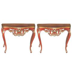 Antique Pair of Italian Rococo Style Red Painted Consoles, Late 19th Century