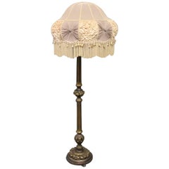 Antique Floor Lamp in Gilded Wood with Original Shade, 1920s