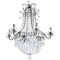 1920s Six-Arm Crystal and Bronze Chandelier