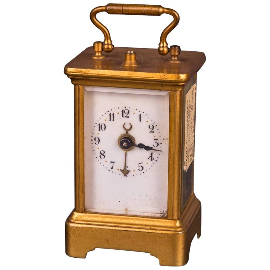 19th Century Old Brass Travel Clock, Alarm Clock