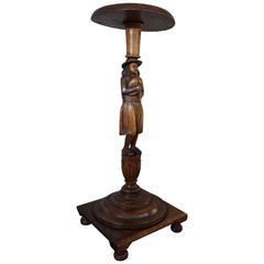 Antique Oak Plant Stand Pedestal with Carved Bagpipe Playing Piper Man Sculpture