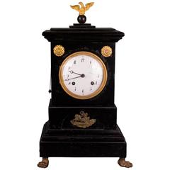 19th Century Empire Ebony with Bronze Fireplace Clock Pendule