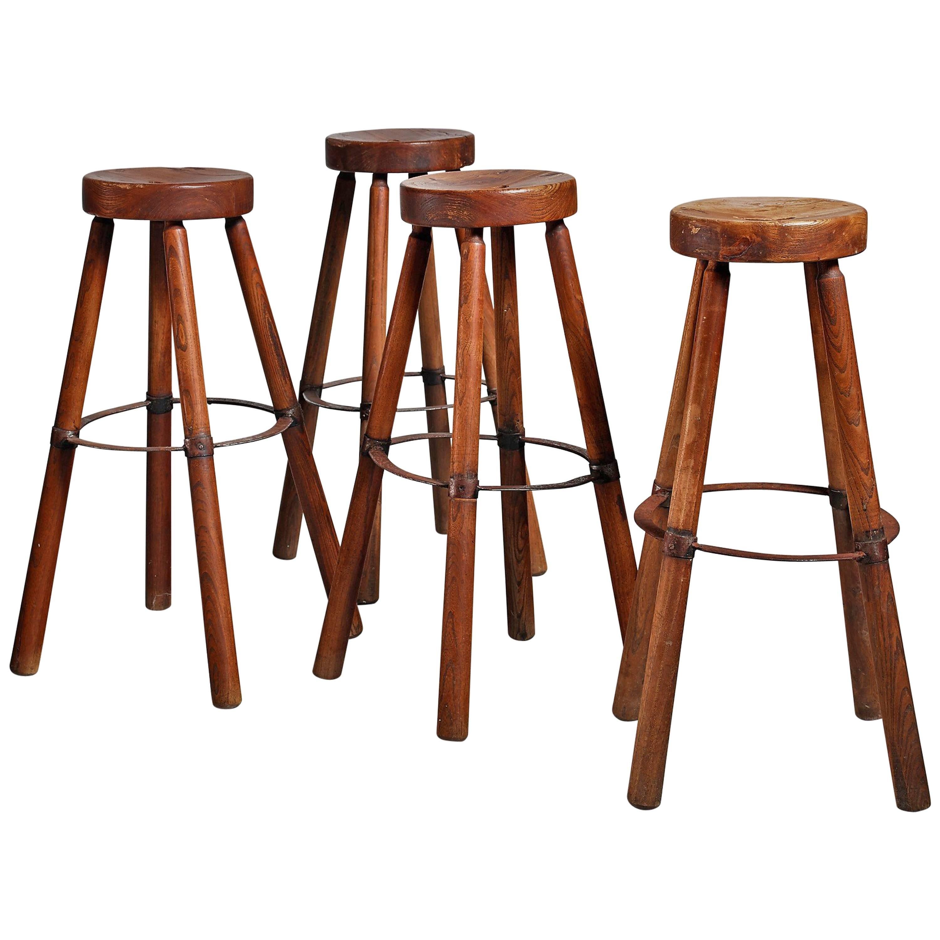 Set of Four Wooden Stools with Metal, France, 1950s For Sale