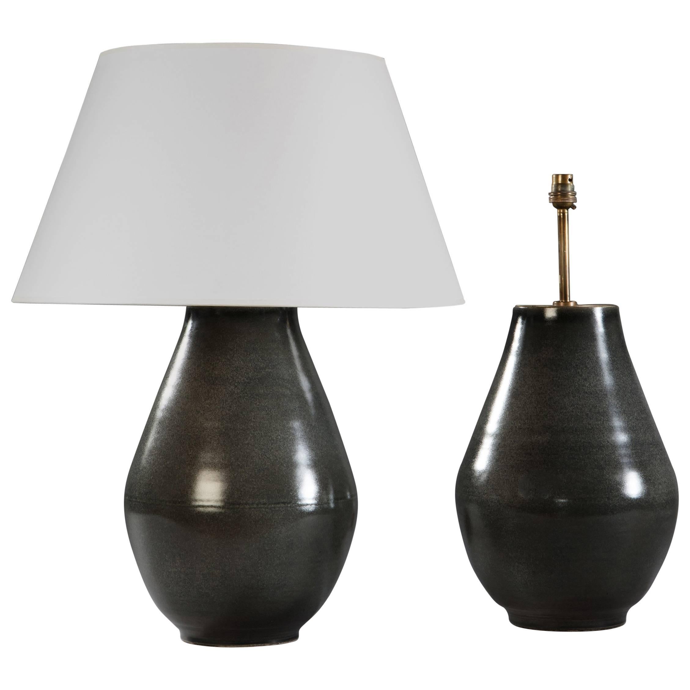 Pair of Grey Glaze Pottery Lamps
