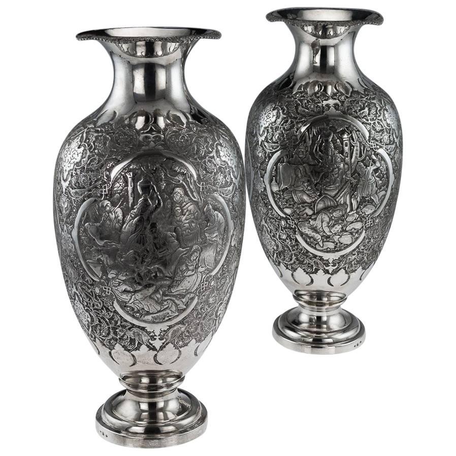 Antique 20th Century Persian Solid Silver Massive Pair of Vases, Isfahan, 1920