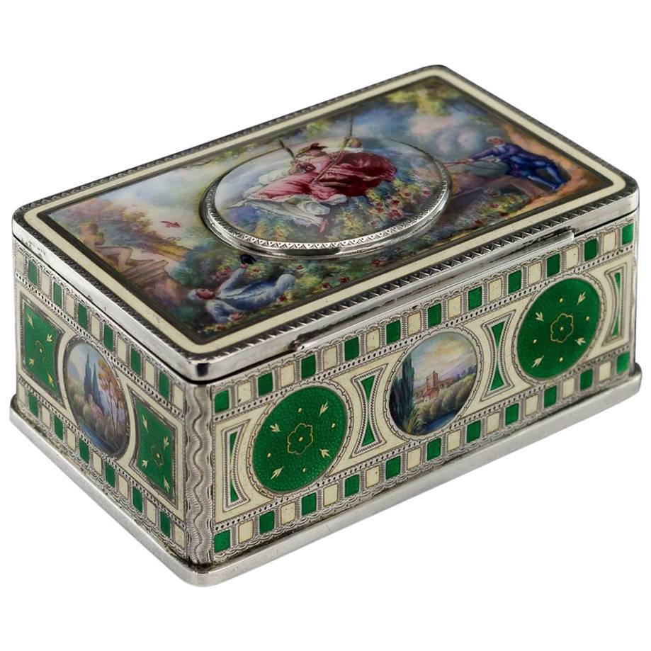 Antique 19th Century Stunning Solid Silver & Hand-Painted Enamel Jewellery Box