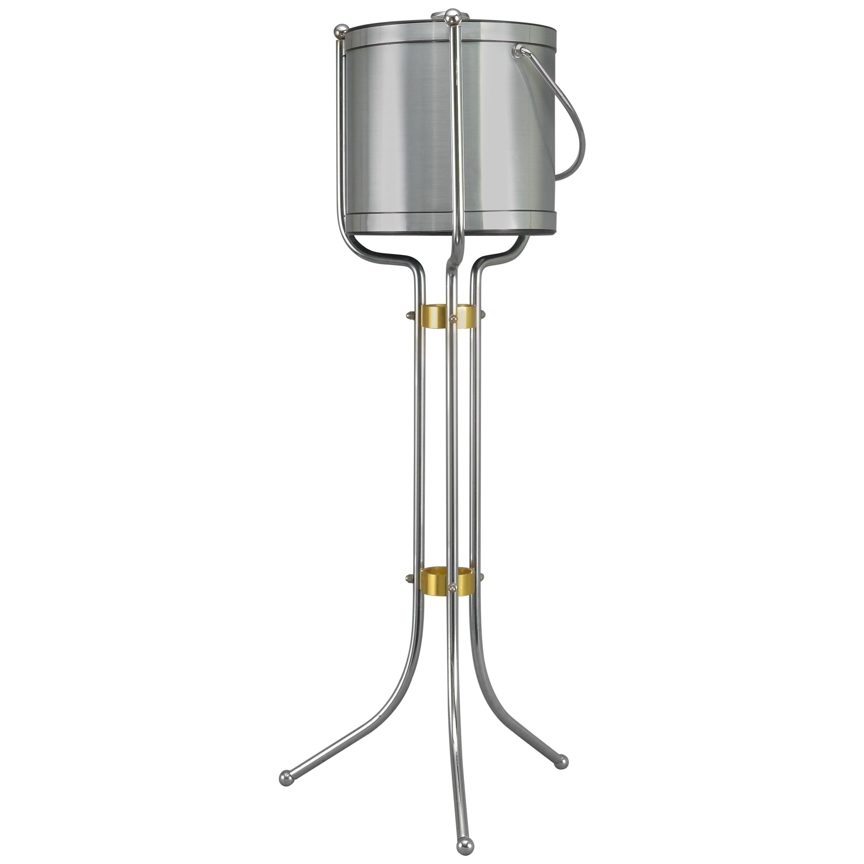 Midcentury Ice Bucket on Stand in Satin Aluminum and Chrome For Sale