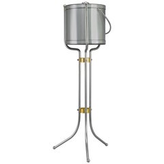 Midcentury Ice Bucket on Stand in Satin Aluminum and Chrome