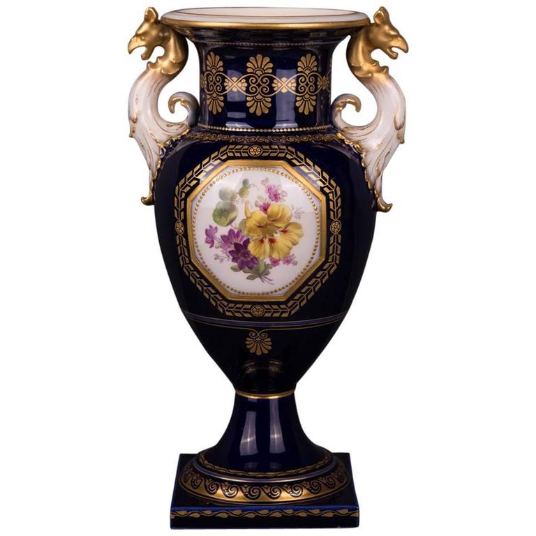 19th Century KPM Berlin French Cobalt Blue Dragon Handle Vase For Sale at 1stdibs