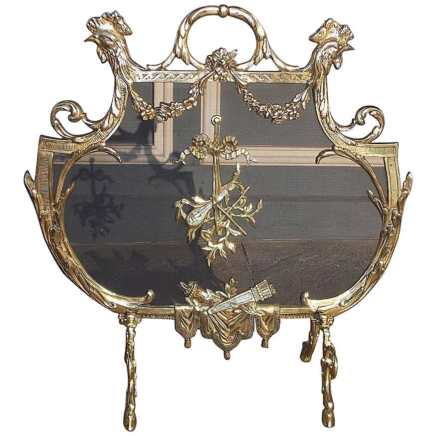 French Brass Rooster and Foliage Fire Screen, Circa 1830