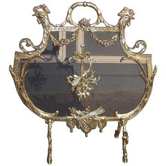 Used French Brass Rooster and Foliage Fire Screen, Circa 1830