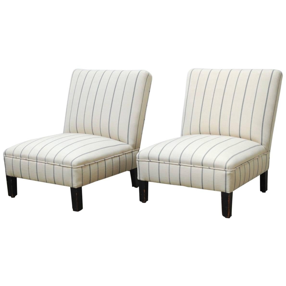 Pair of French Linen Striped Slipper Chairs