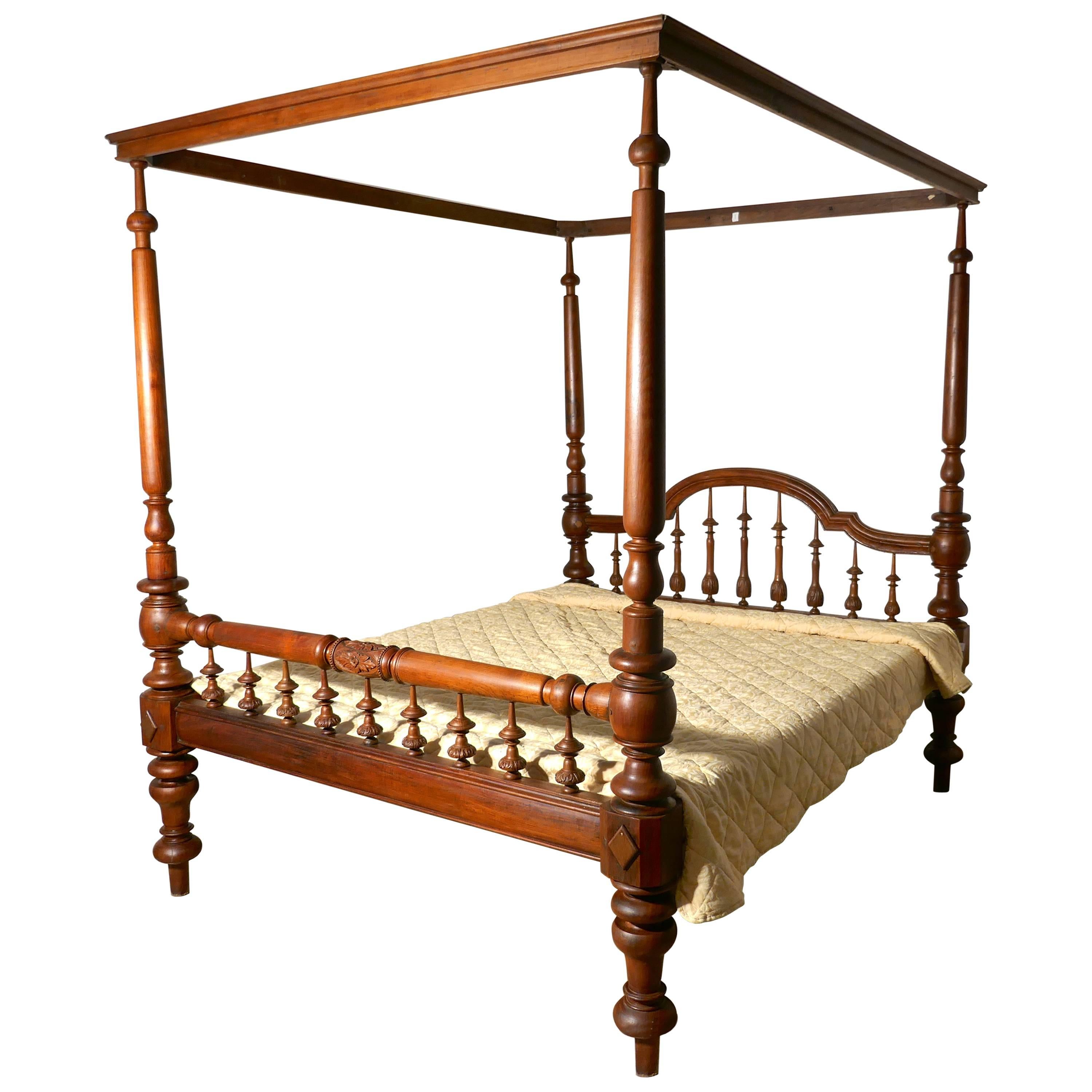Colonial Raj Four Poster Bed, Anglo Indian Carved Four Poster Large Double Bed