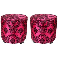 Vintage Modern Fuchsia and Black Moroccan Round Upholstered Stools