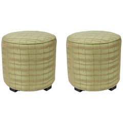 Pair of Vintage Modern Green Moroccan Upholstered Stools
