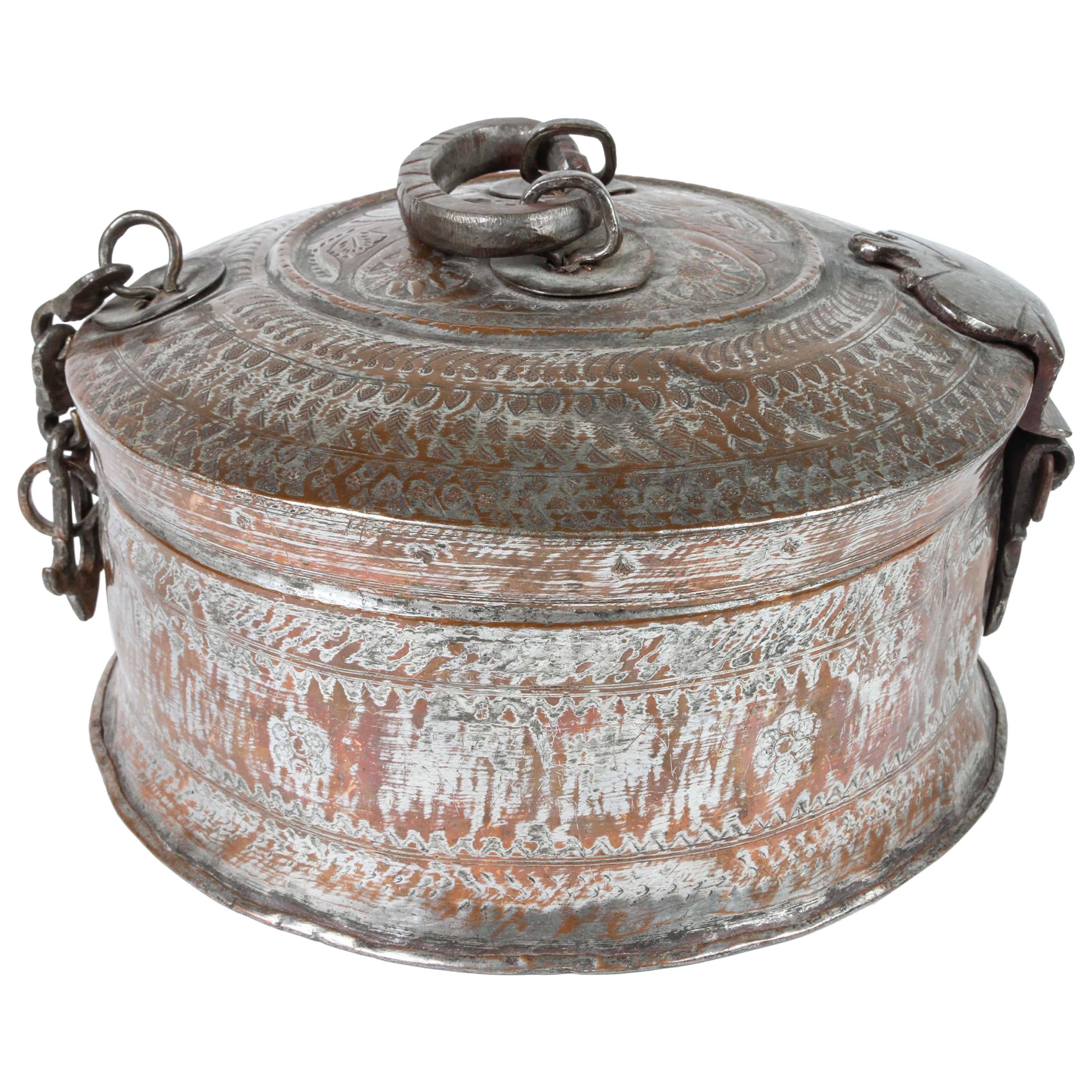 Grande boîte décorative asiatique ronde en bronze cuivré avec couvercle