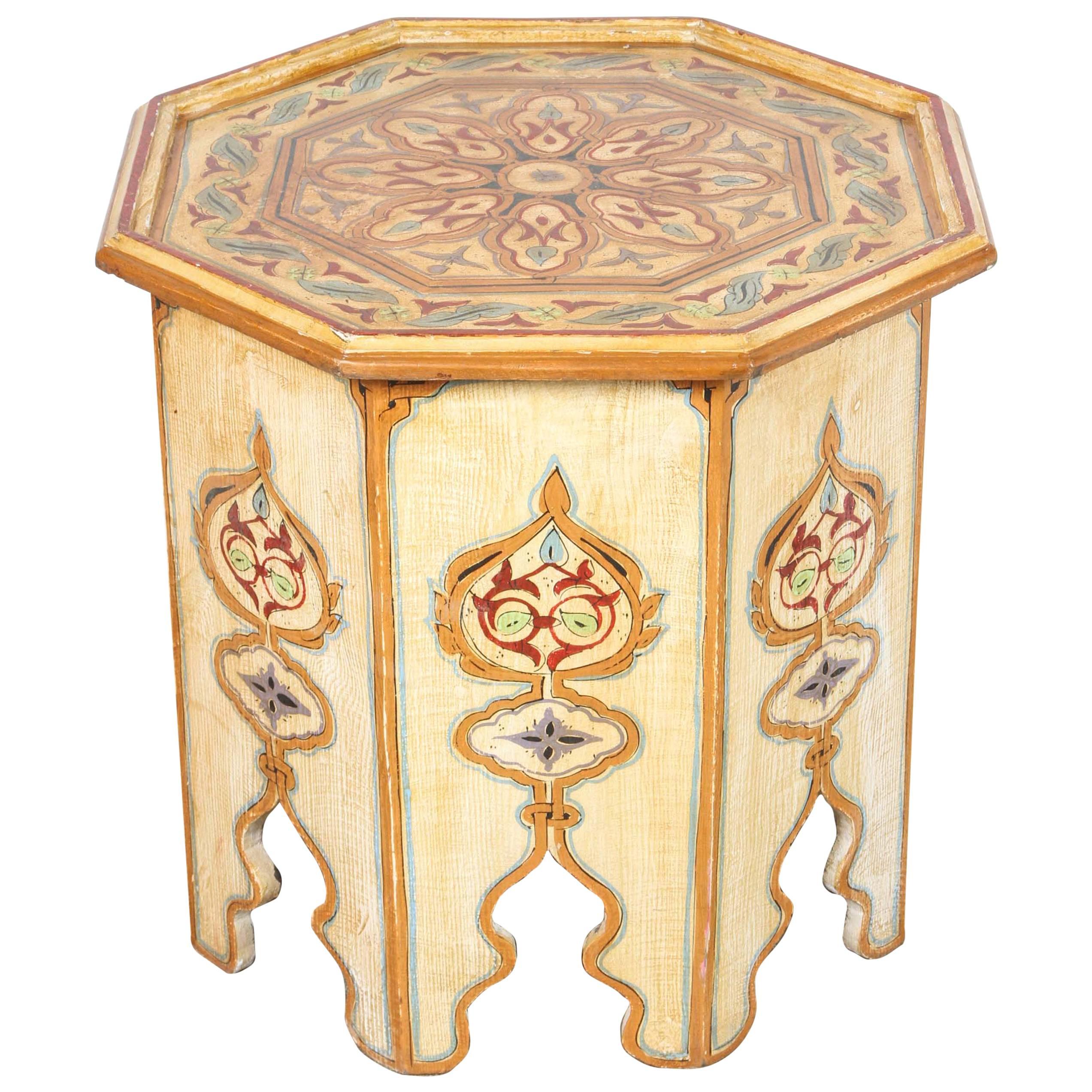 Moroccan Ivory Hand-Painted Side Table with Moorish Design