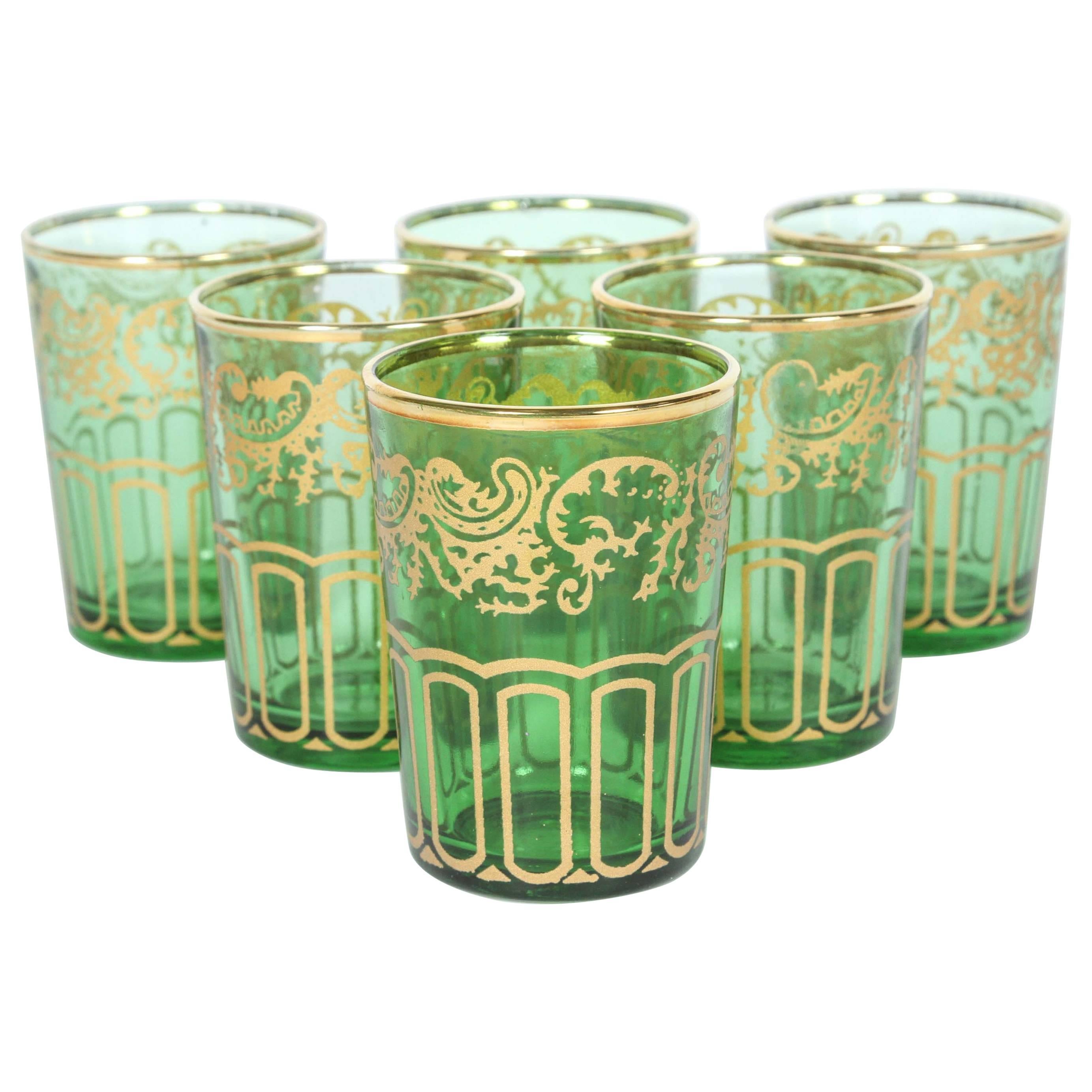 Set of Six Moroccan Green and Gold Moorish Glasses
