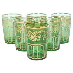 Set of Six Moroccan Green and Gold Moorish Glasses