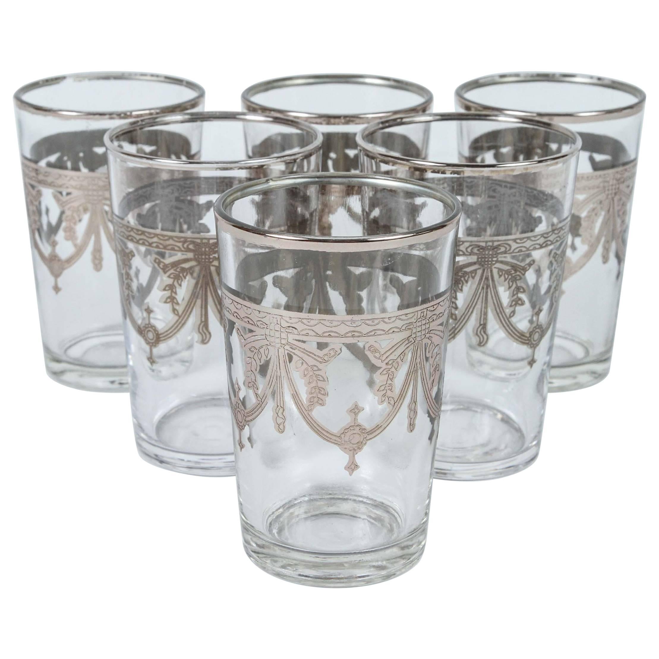 Moroccan Tea Glasses Set of Six Clear and Silver Overlaid