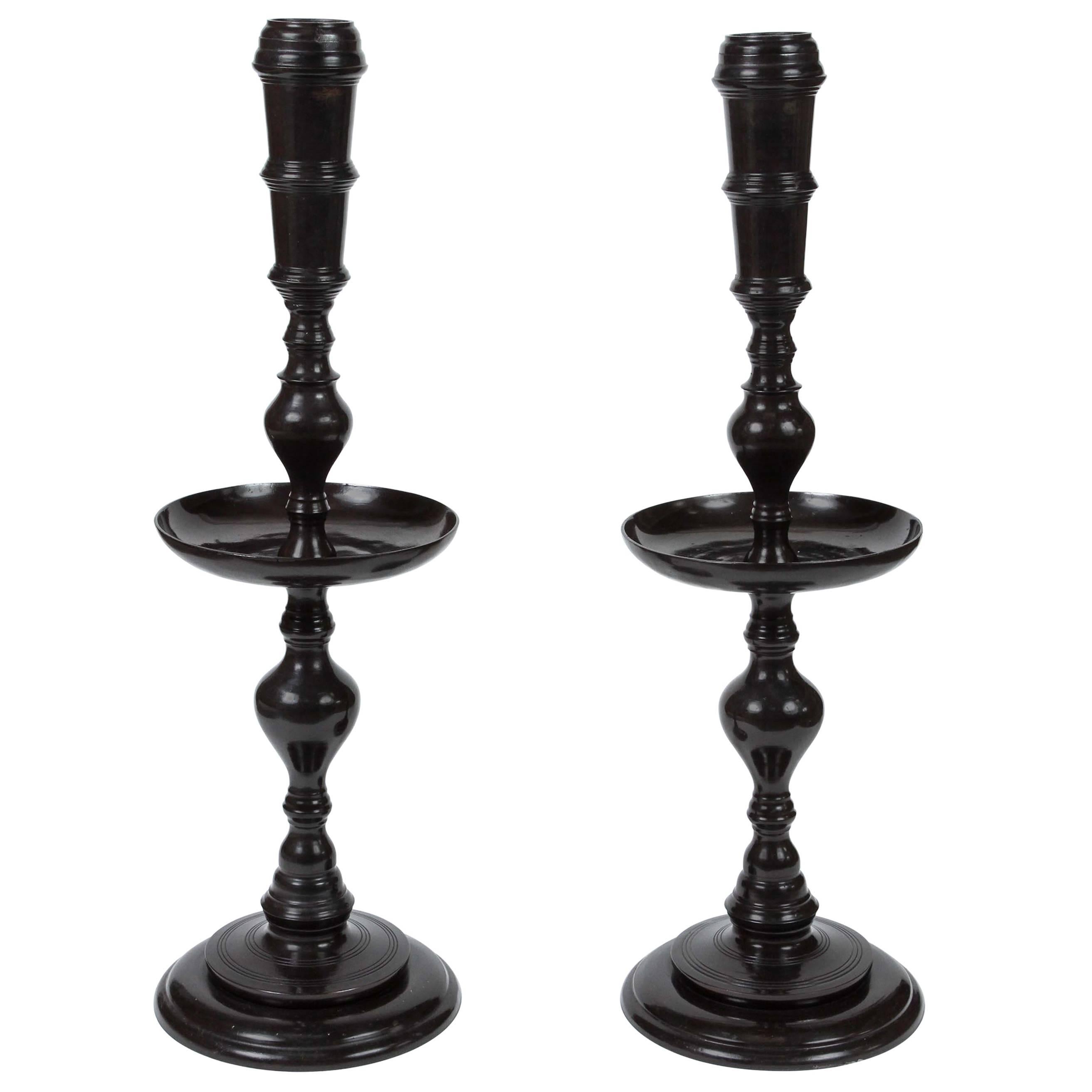 Maitland-Smith Pair of Vintage Black Metal Candle Stands