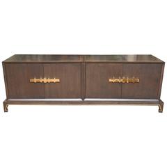 Tommi Parzinger Style Stained Wood and Solid Brass Hardware Low Cabinet 12
