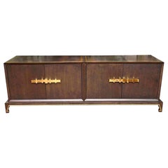 Tommi Parzinger Gray Stained Wood and Brass Credenza Cabinet Mid-Century Modern