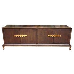 Tommi Parzinger Restored Mid-Century Modern Wood and Brass Credenza or Cabinet