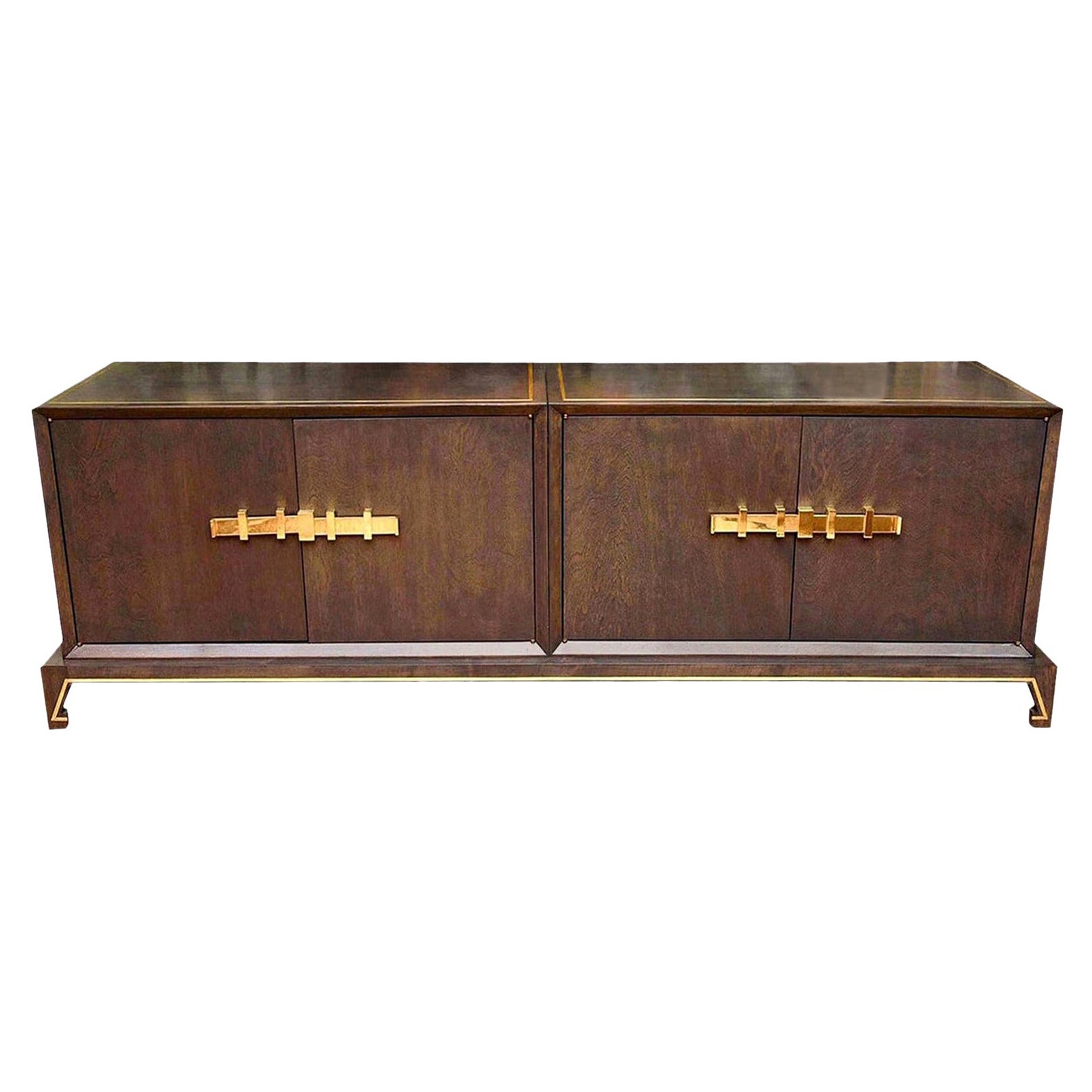 Vintage Tommi Parzinger Style Restored Wood and Brass Credenza Cabinet MCM