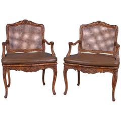 Fine Early Pair of French Fauteuil with Leather Seats
