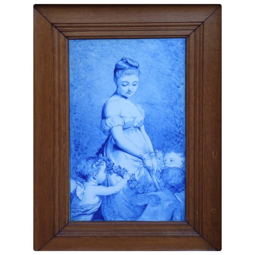 19th Century Framed Painting on Porcelain Woman and Children Charles Chaplin For Sale