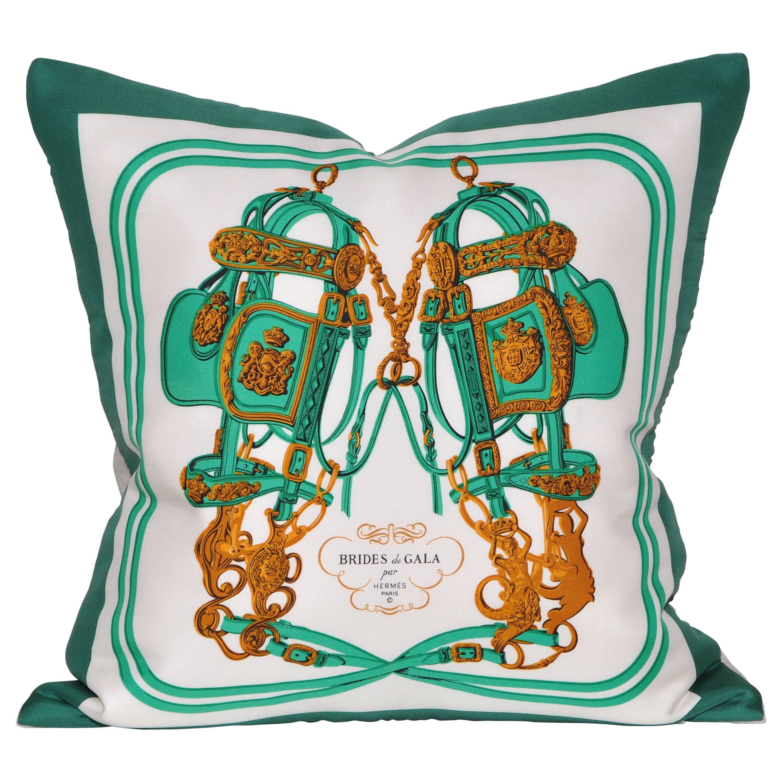 Vintage Hermes Green Equestrian Silk Scarf and Irish Linen Cushion Pillow