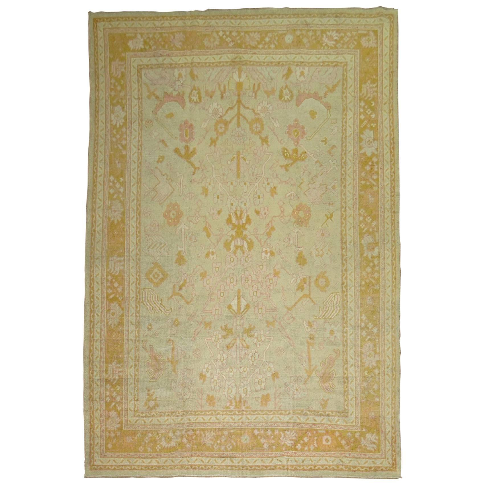 Squared Shape Antique Oushak Rug with Golden Green, Lavender and Pink