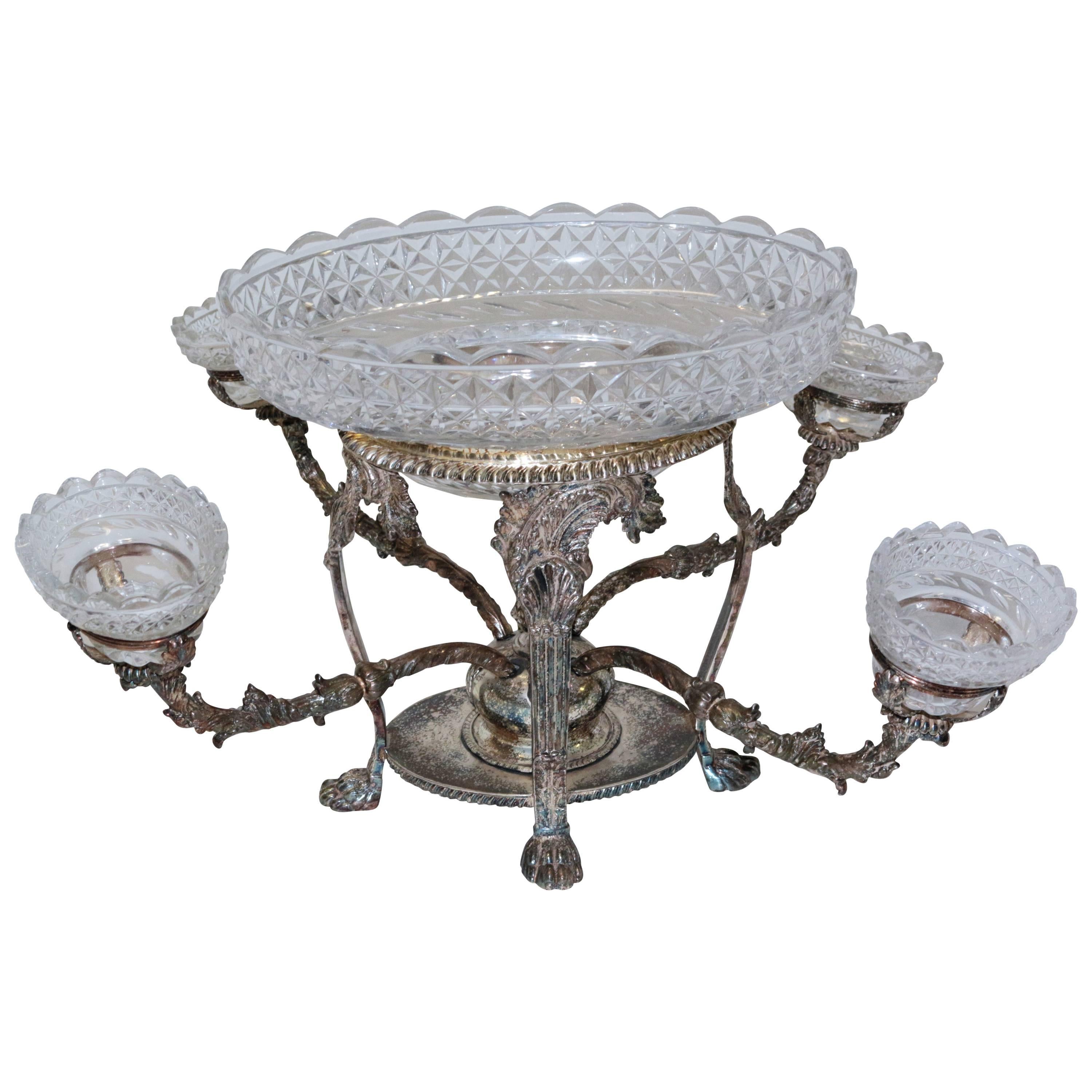Silver Plated Centrepiece with Four Arms in Bohemian Cut Crystal