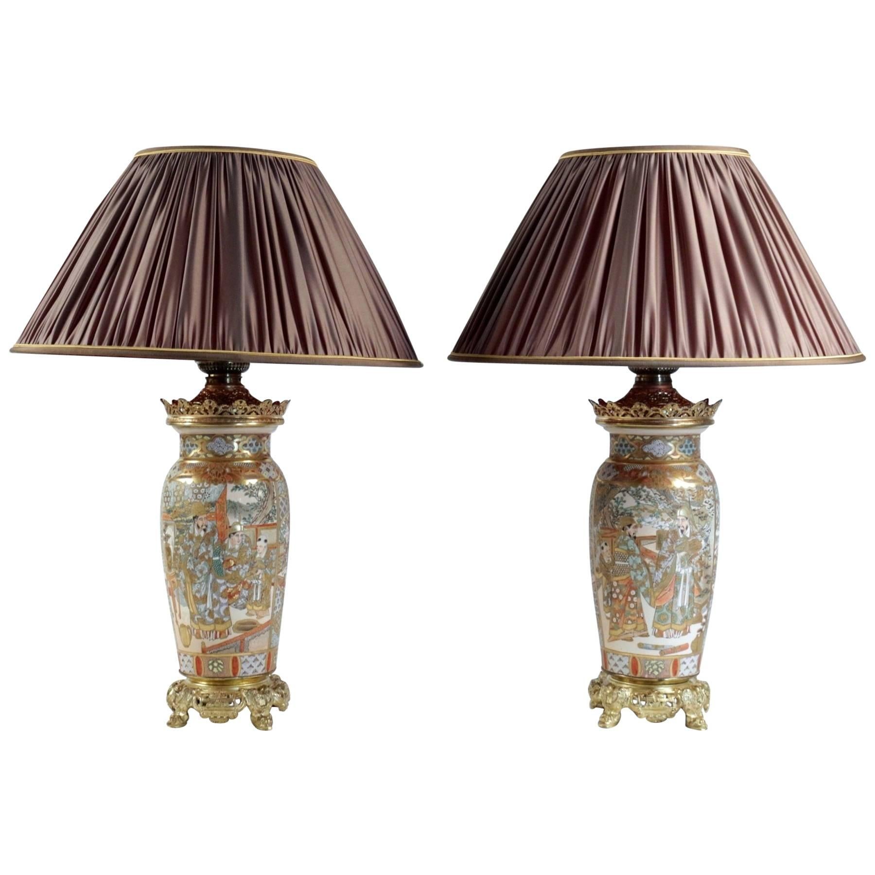 Pair of High Satsuma Fine Faience Lamps, 1880 Period