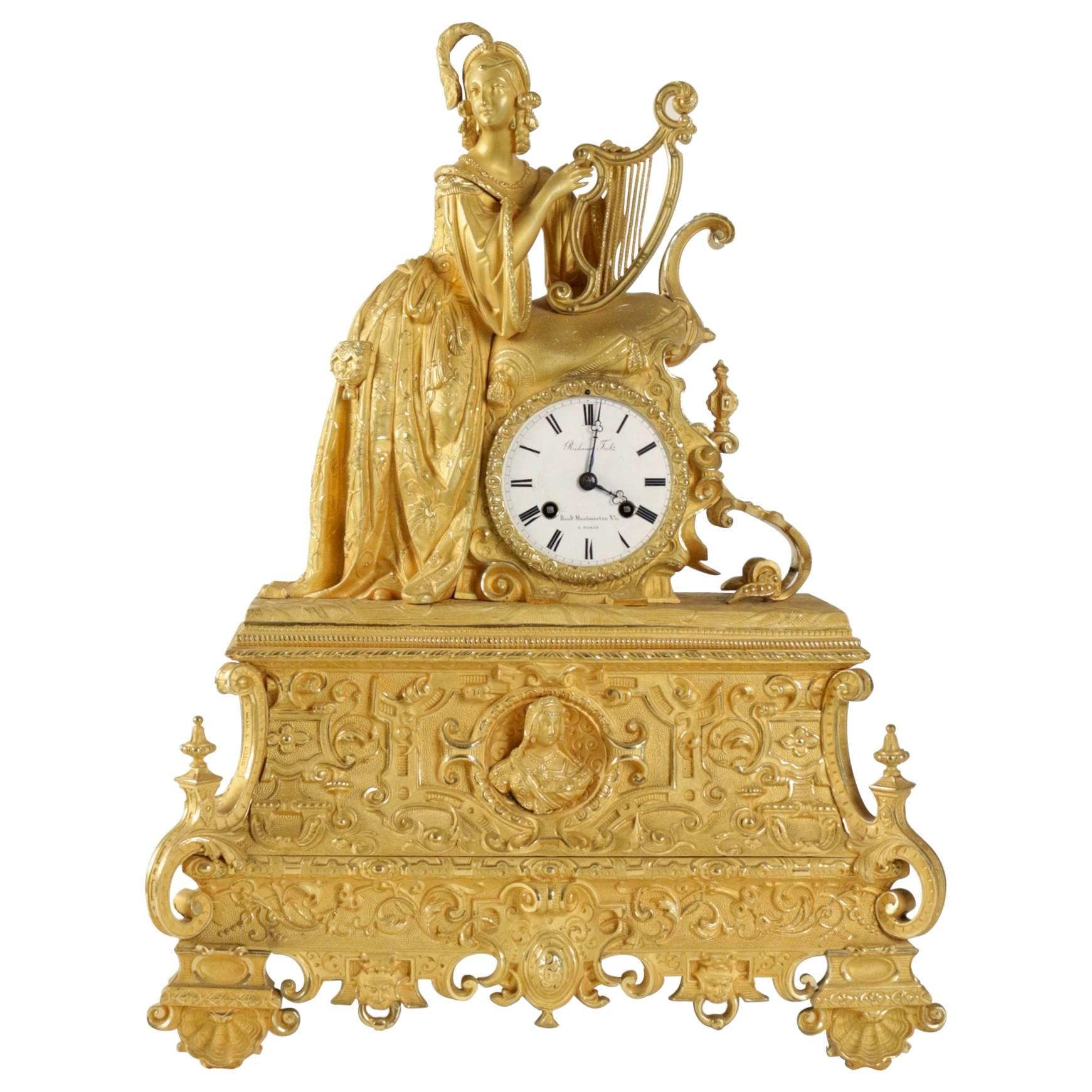 Richly Decorate Romantic Gilt and Chiseled Bronze Mantle Clock, circa 1830