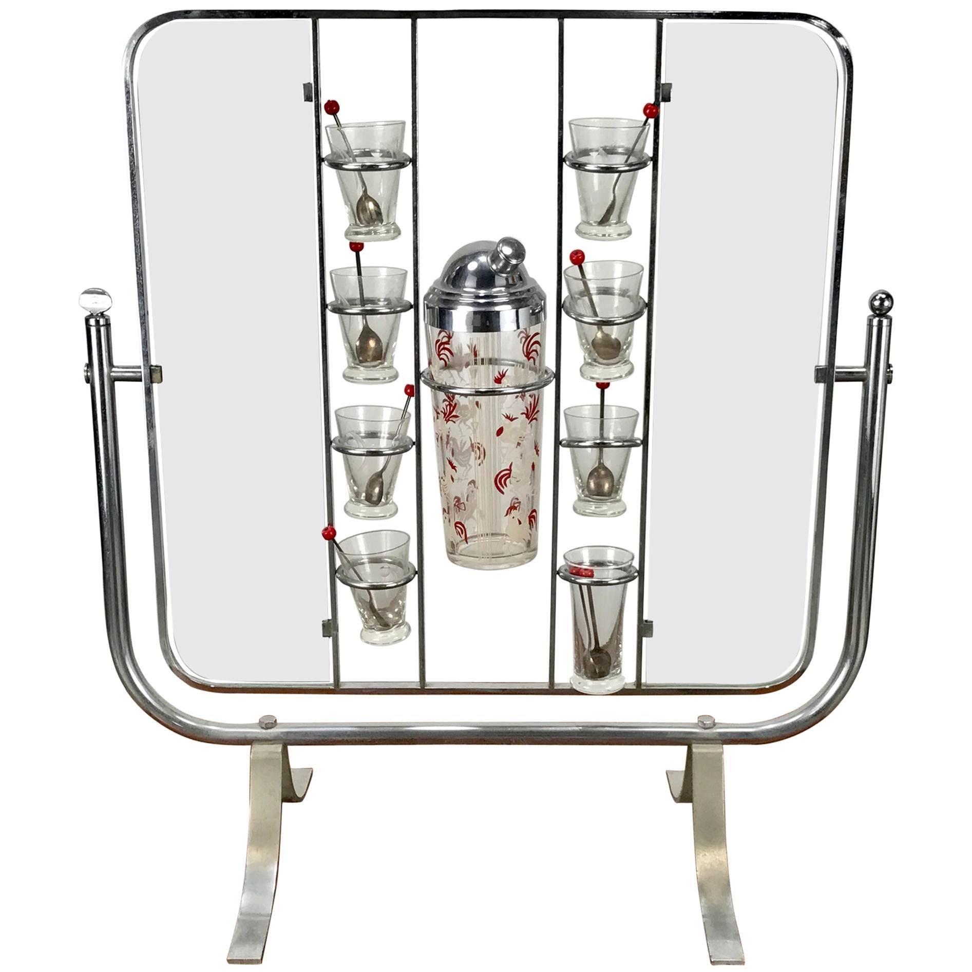 Rare Art Deco Gryo-Scopic Cocktail Bar Nickel-Plated, Cocktail Shaker & Glasses