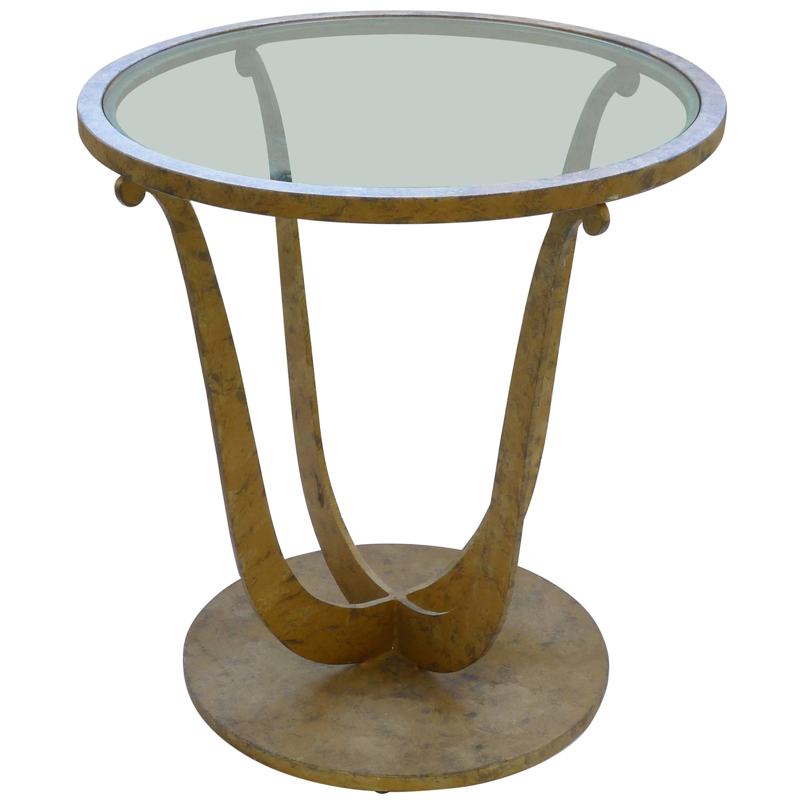 Art Deco Gilt Metal Round Gueridon Table with Clear Glass Insert For Sale