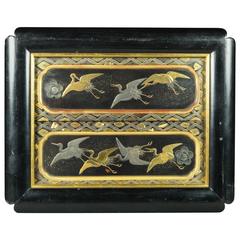 19th Century Japanese Makie Lacquer Panel Black Gold Cranes, circa 1850 11