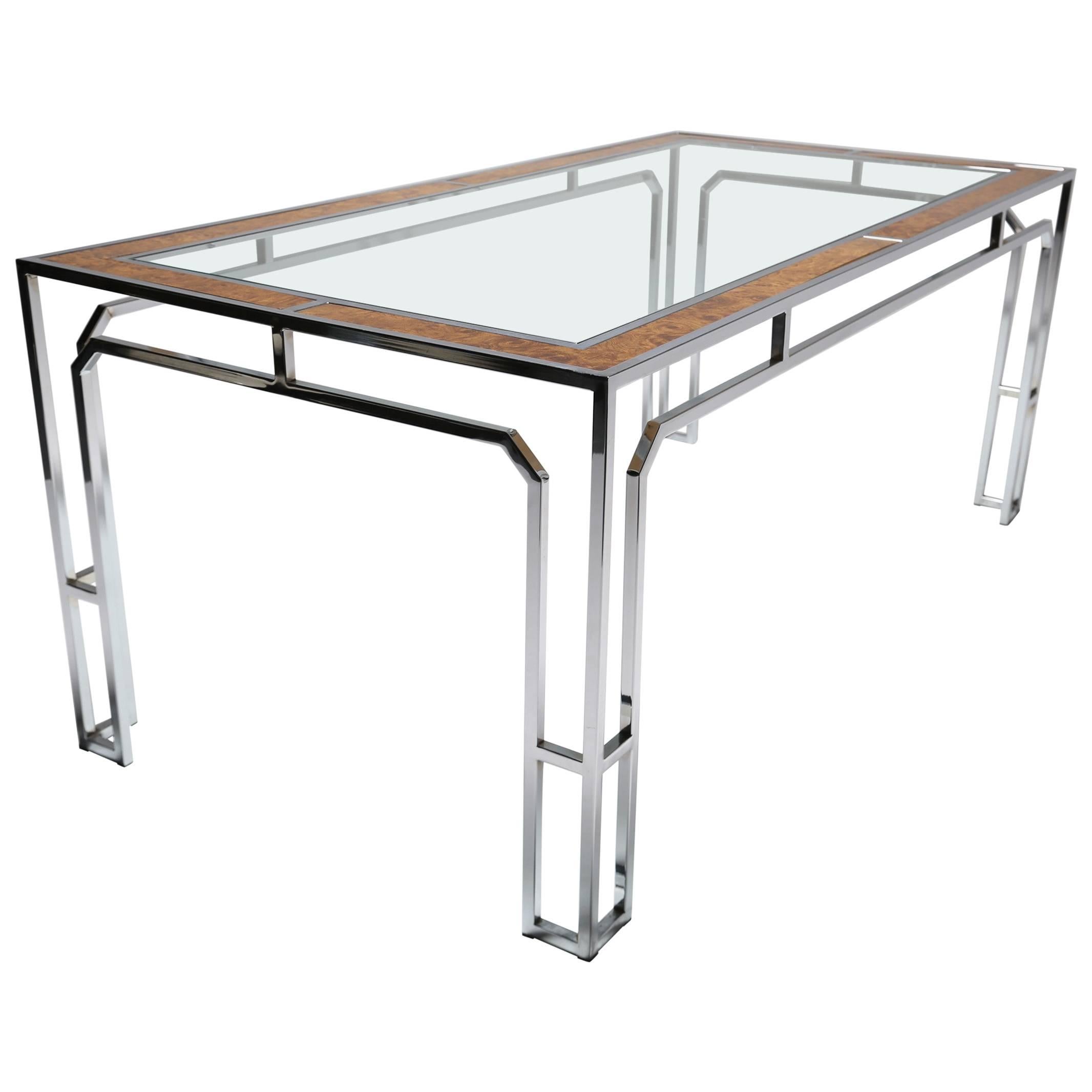 Milo Baughman style burlwood, chrome and glass dining table. For Sale