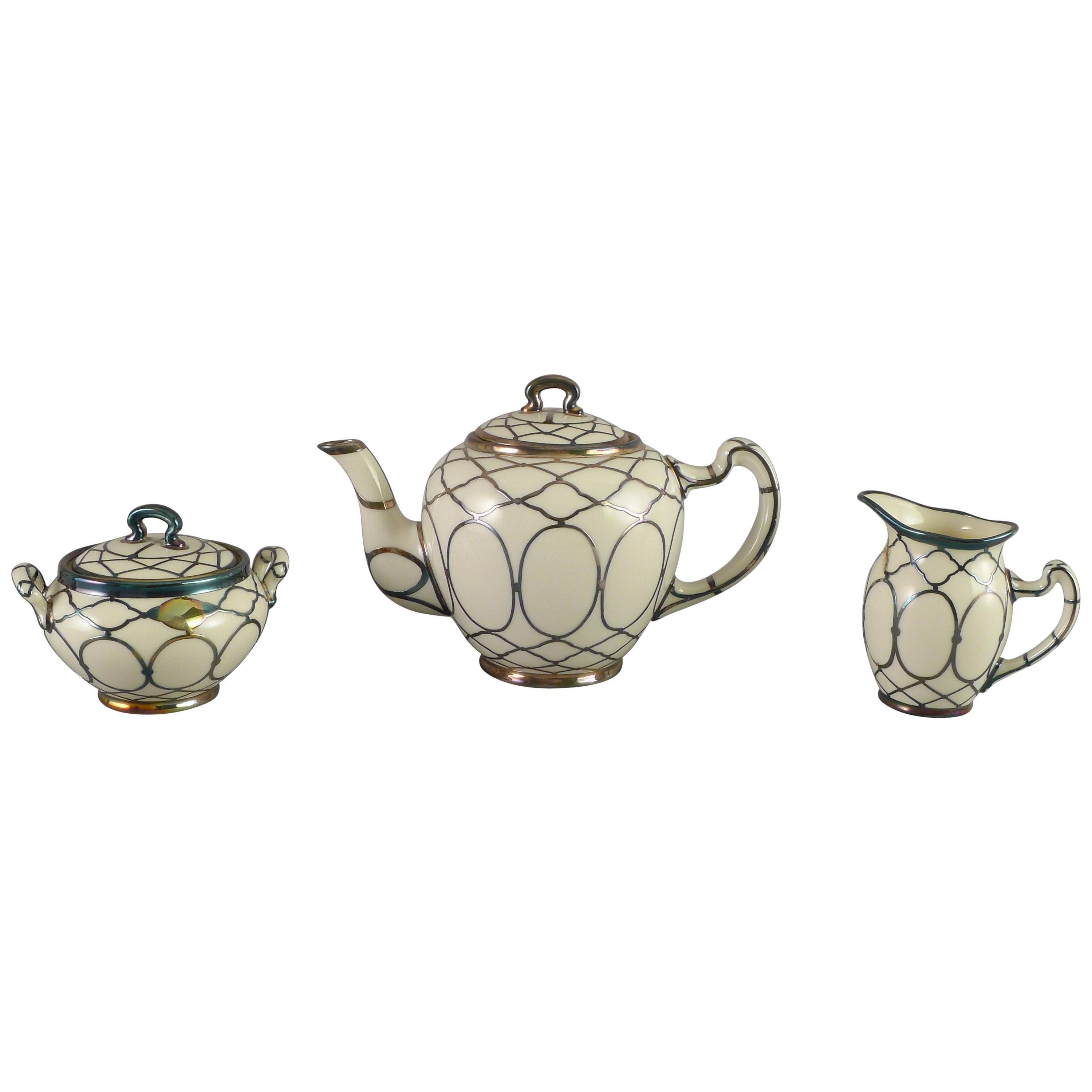 Sterling Silver Overlay Lenox Three-Piece Art Deco Tea Set For Sale